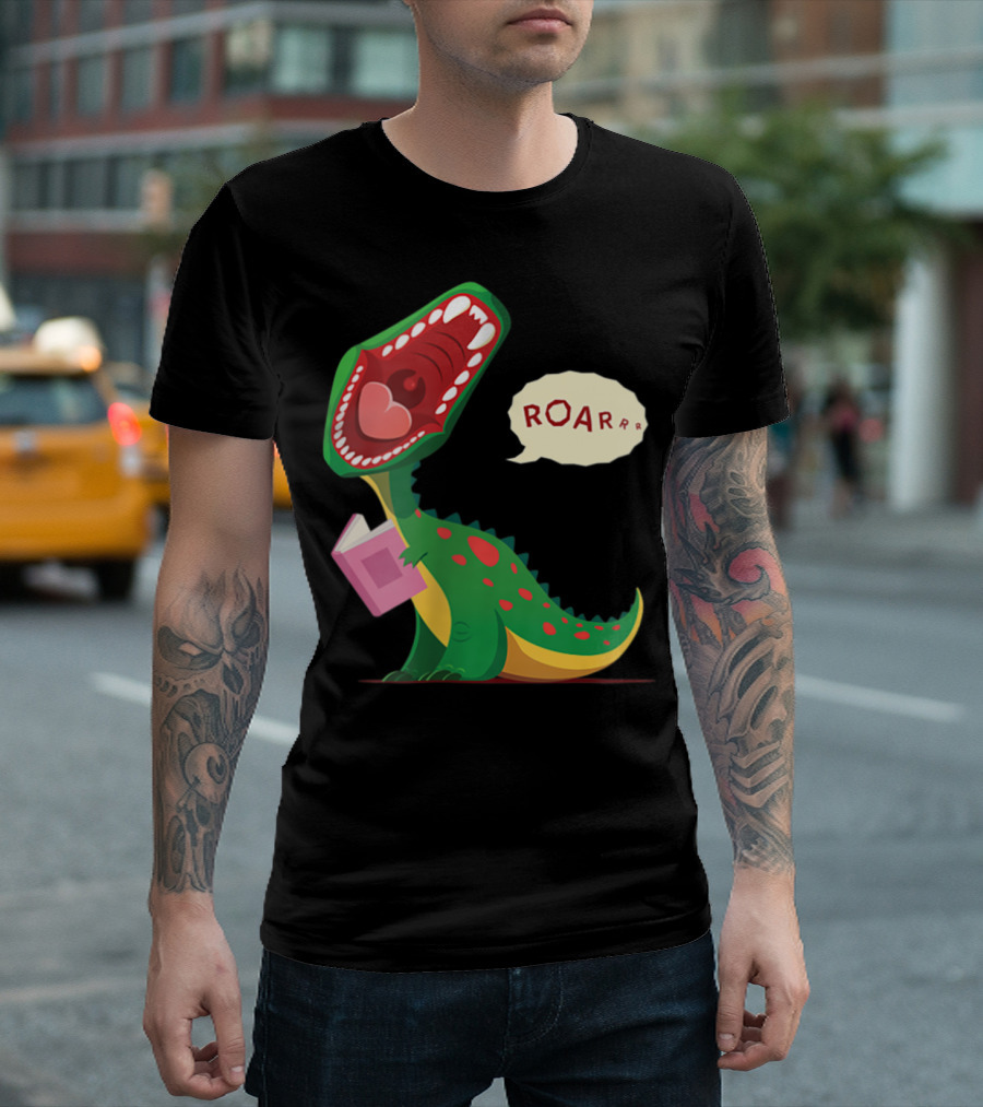 Roar Trex Dinosaur Holding Pink Book and Heart Inside Mouth T-Shirt