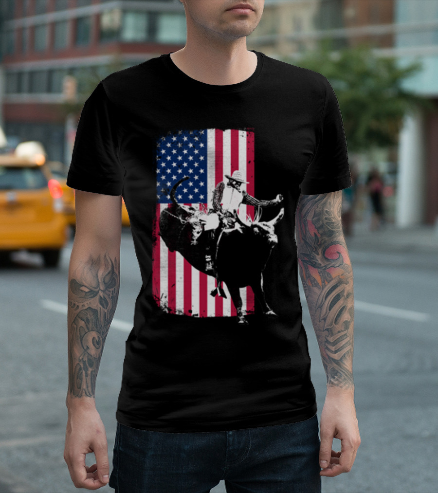 Rodeo Bull Rider American Flag Cowboy Patriot T-Shirt