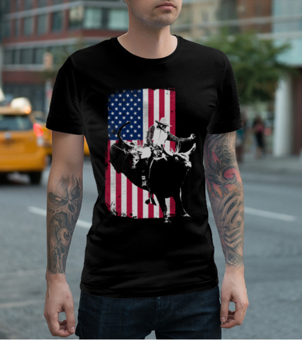 Rodeo Bull Rider American Flag Cowboy Patriot T-Shirt