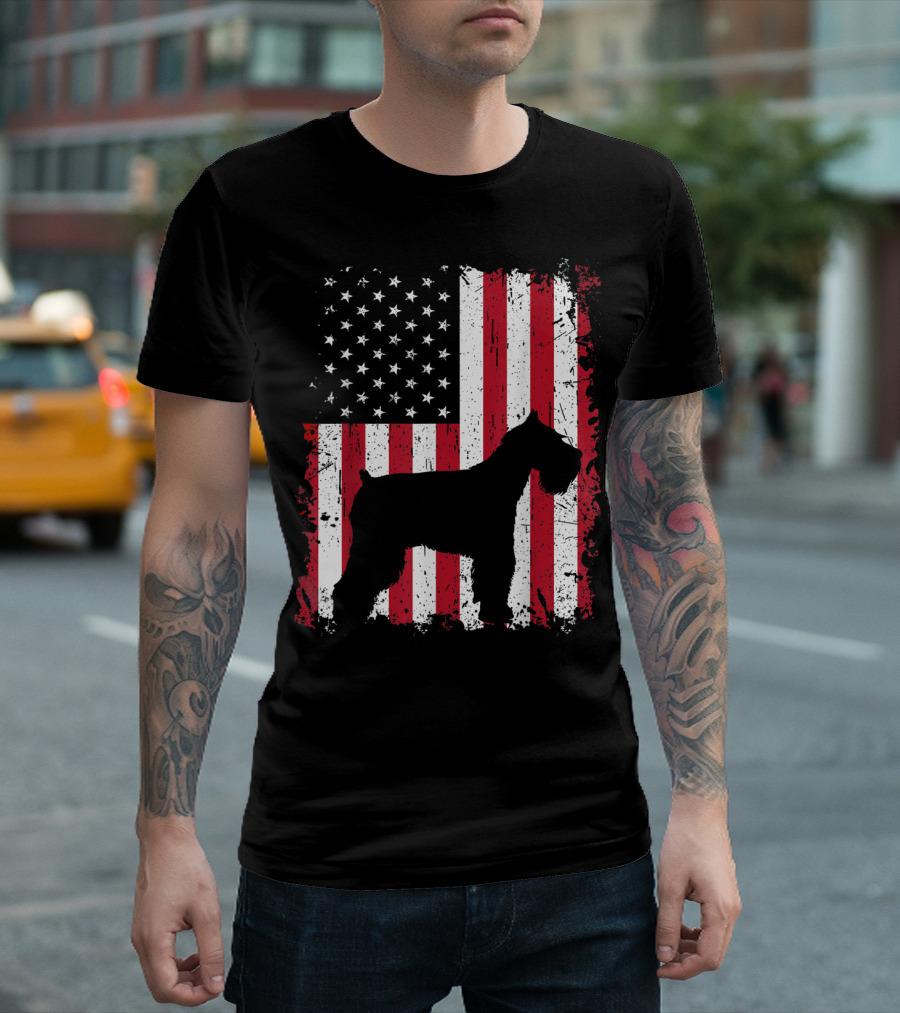 Standard Schnauzer Silhouette With American Flag On 4th Of July USA T-Shirt
