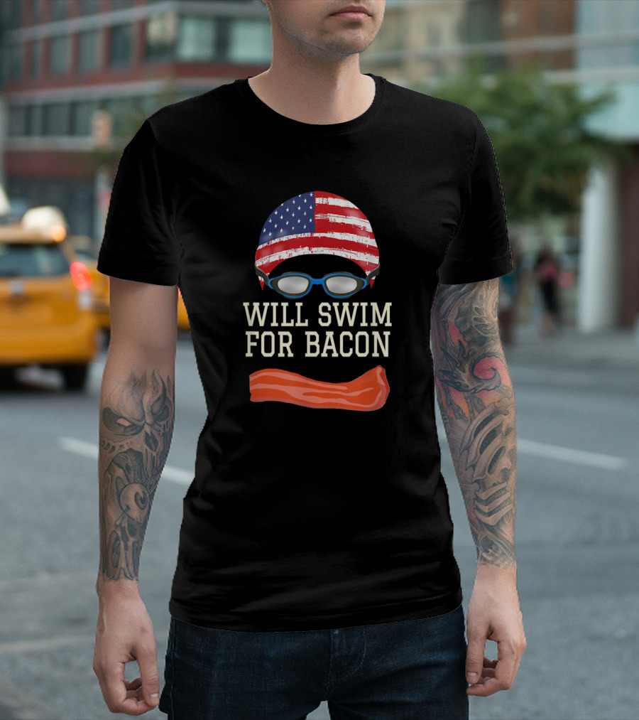 Will Swim for Bacon Funny Swimming Goggles Cap USA Flag T-Shirt