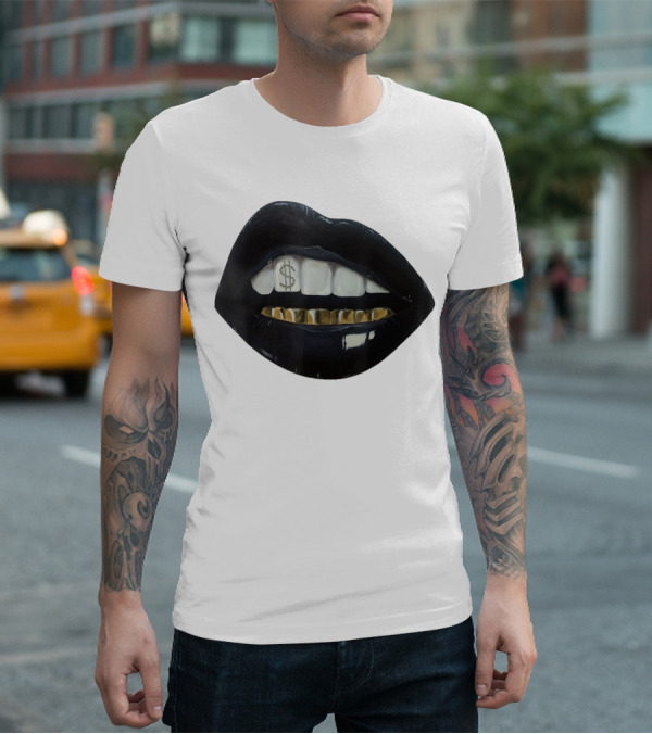 Red Black Lips Gold Teeth Dollar Smile T-Shirt