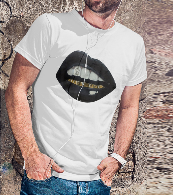 Red Black Lips Gold Teeth Dollar Smile T-Shirt