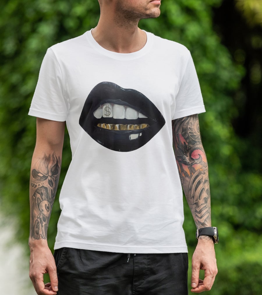 Red Black Lips Gold Teeth Dollar Smile T-Shirt