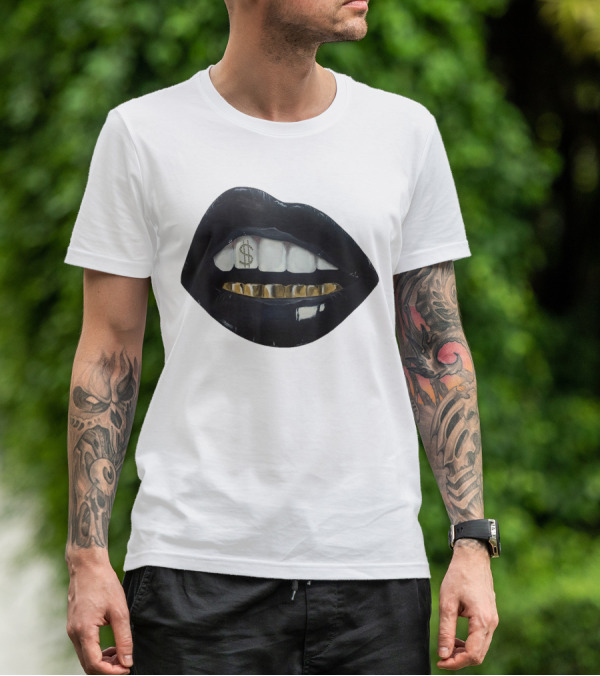 Red Black Lips Gold Teeth Dollar Smile T-Shirt