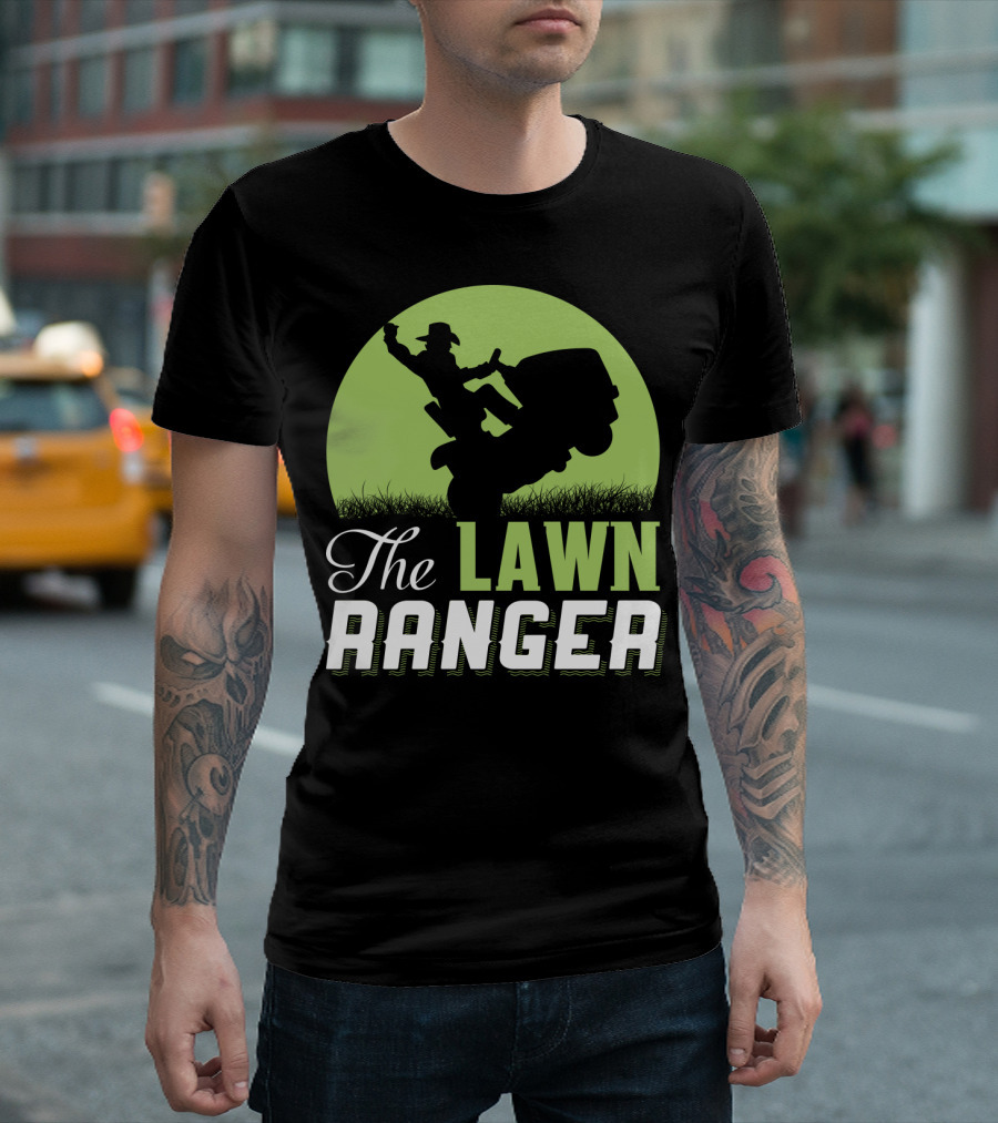 The Lawn Ranger Funny Mowing Cowboy on Ride-On Lawnmower T-Shirt