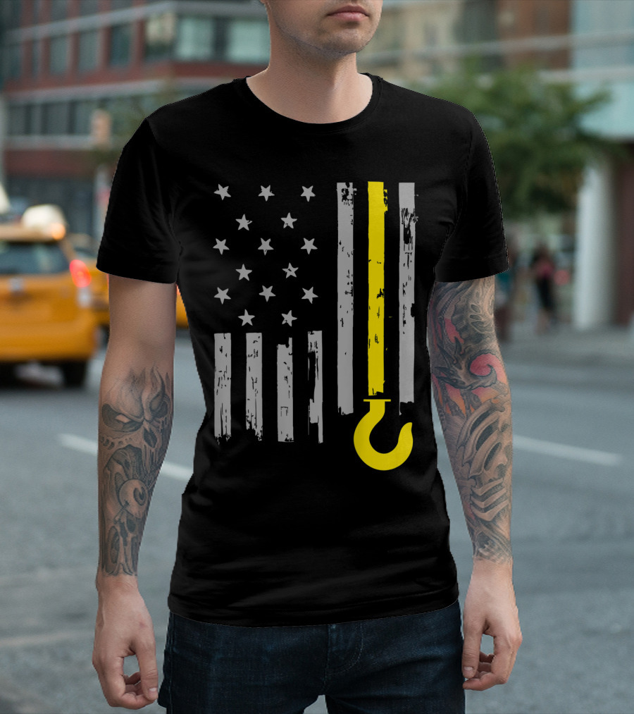 Tow Truck Driver American Flag Yellow Line Hook T-Shirt