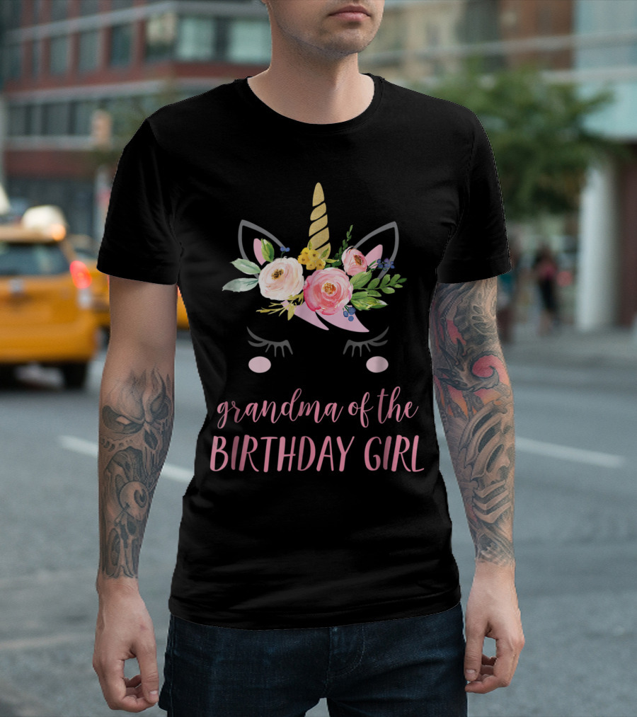 Grandma of the Birthday Girl Unicorn Floral Horn Ears T-Shirt
