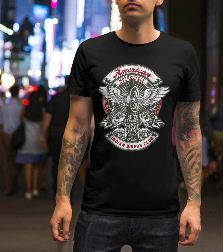 American Motorcycle Indian Bikers Club 1811 CC Engine Born To Ride 1969 T-Shirt
