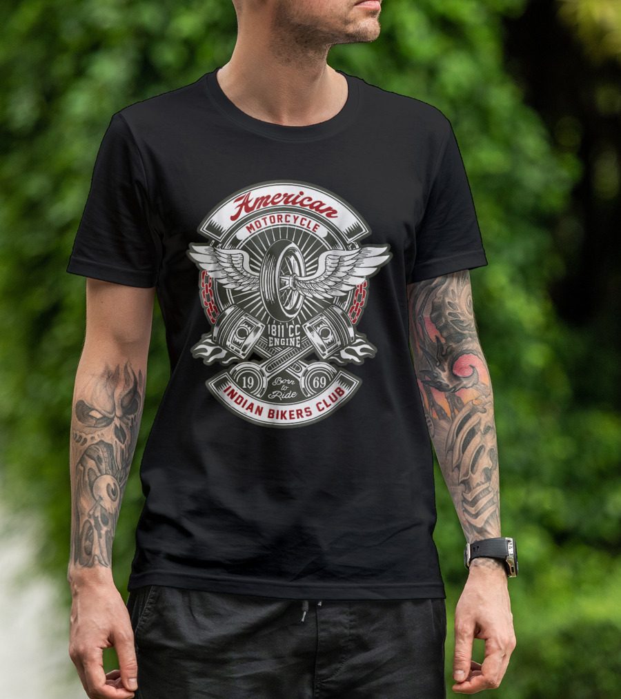 American Motorcycle Indian Bikers Club 1811 CC Engine Born To Ride 1969 T-Shirt