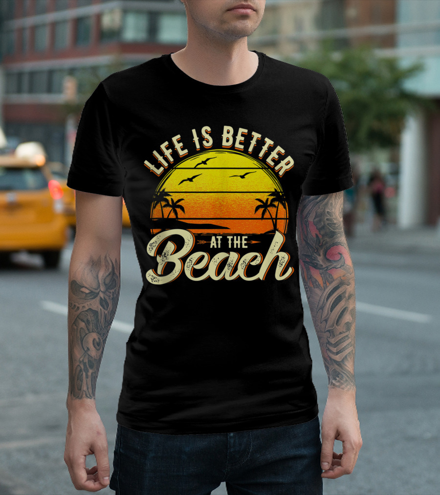 Life Is Better at the Beach Tropical Sunset with Palm Trees and Seagulls T-Shirt