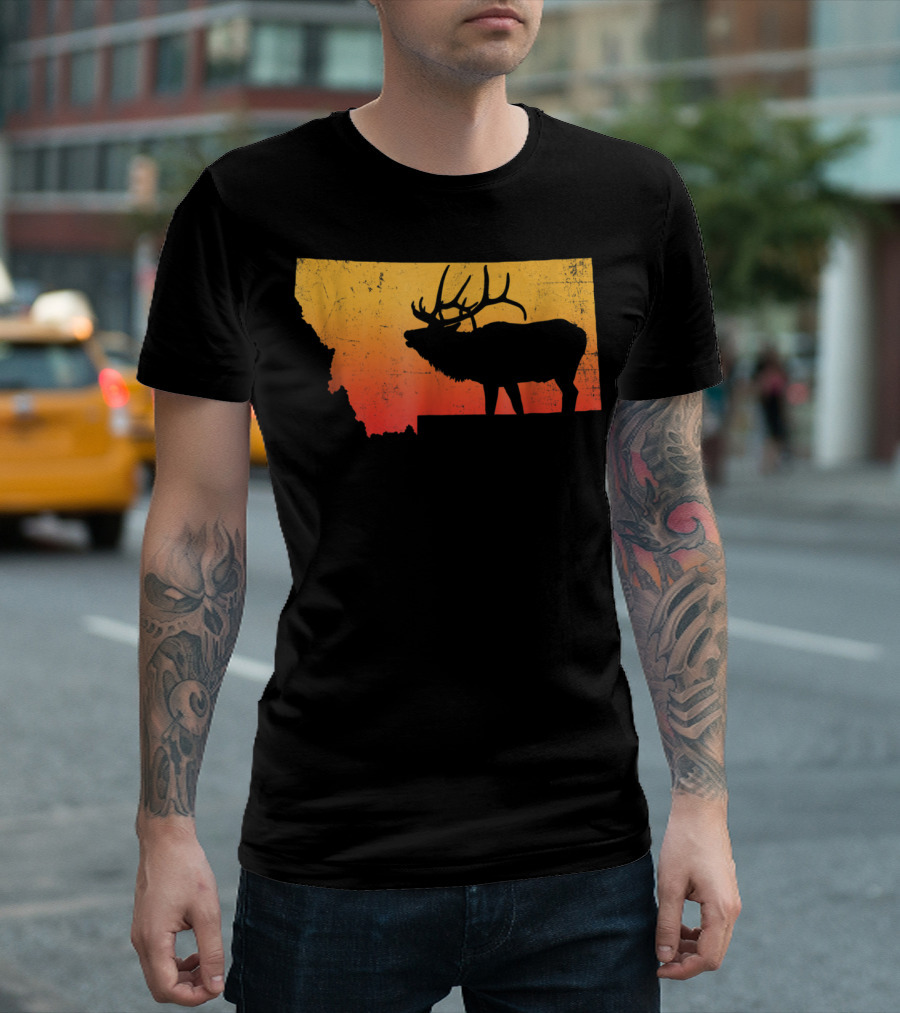 Montana Elk Silhouette Vintage Outdoors Sunset Scene T-Shirt