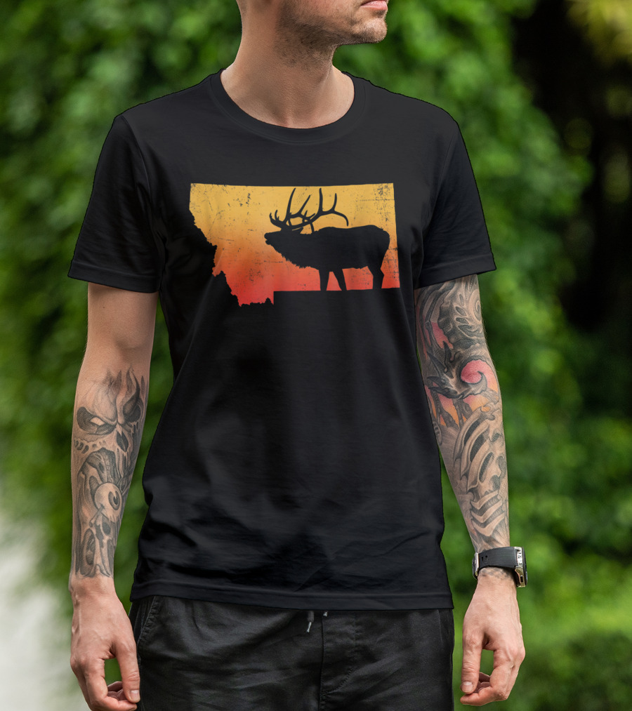 Montana Elk Silhouette Vintage Outdoors Sunset Scene T-Shirt