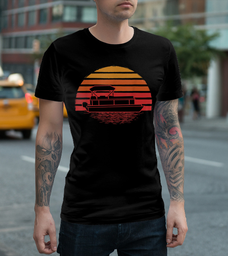 Vintage Pontoon Boat Silhouette Sunset Retro Vibes T-Shirt