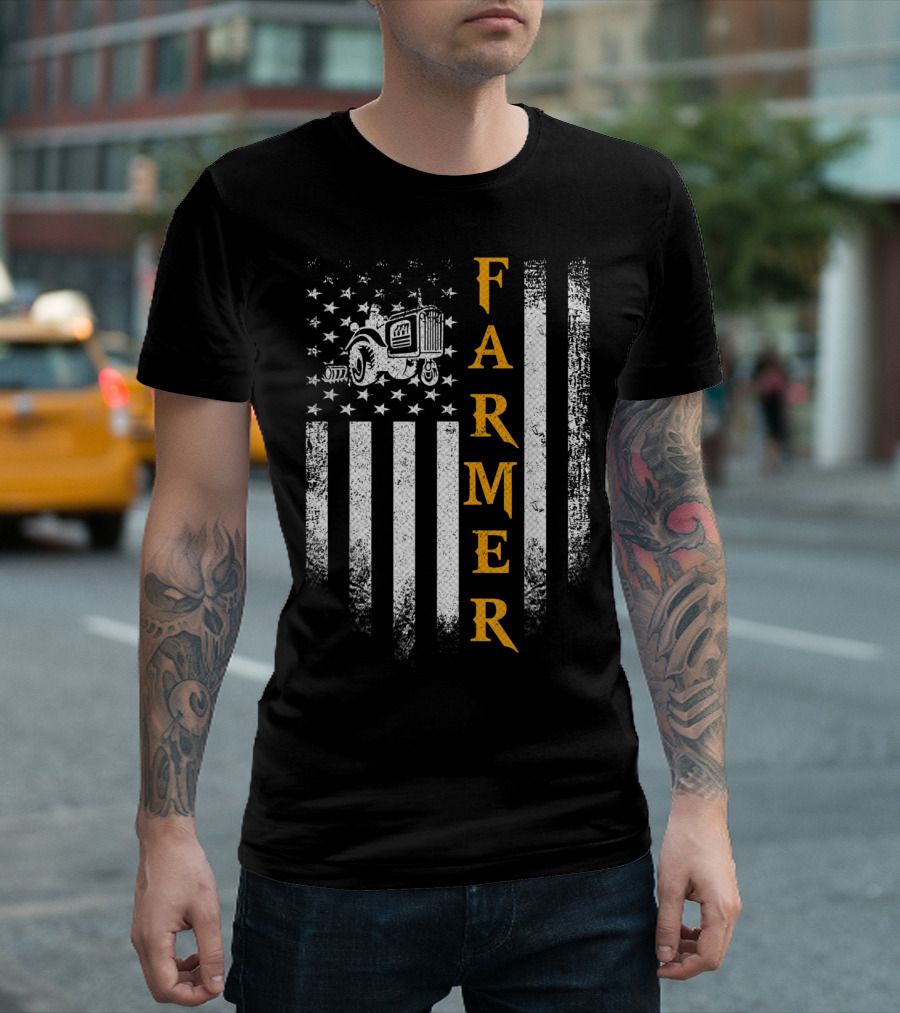Farmer American Flag Vintage Tractor USA Farming T-Shirt