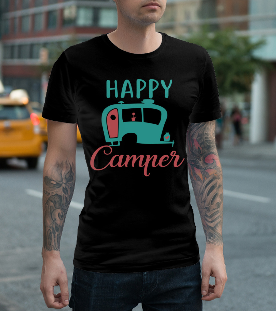 Happy Camper Retro Teal and Coral Vintage Camper T-Shirt