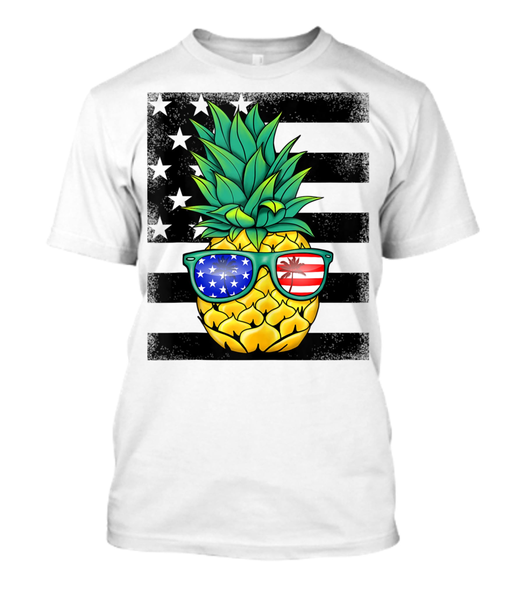 Hawaiian Pineapple With American Flag Sunglasses On Distressed Stars And Stripes Background T-Shirt