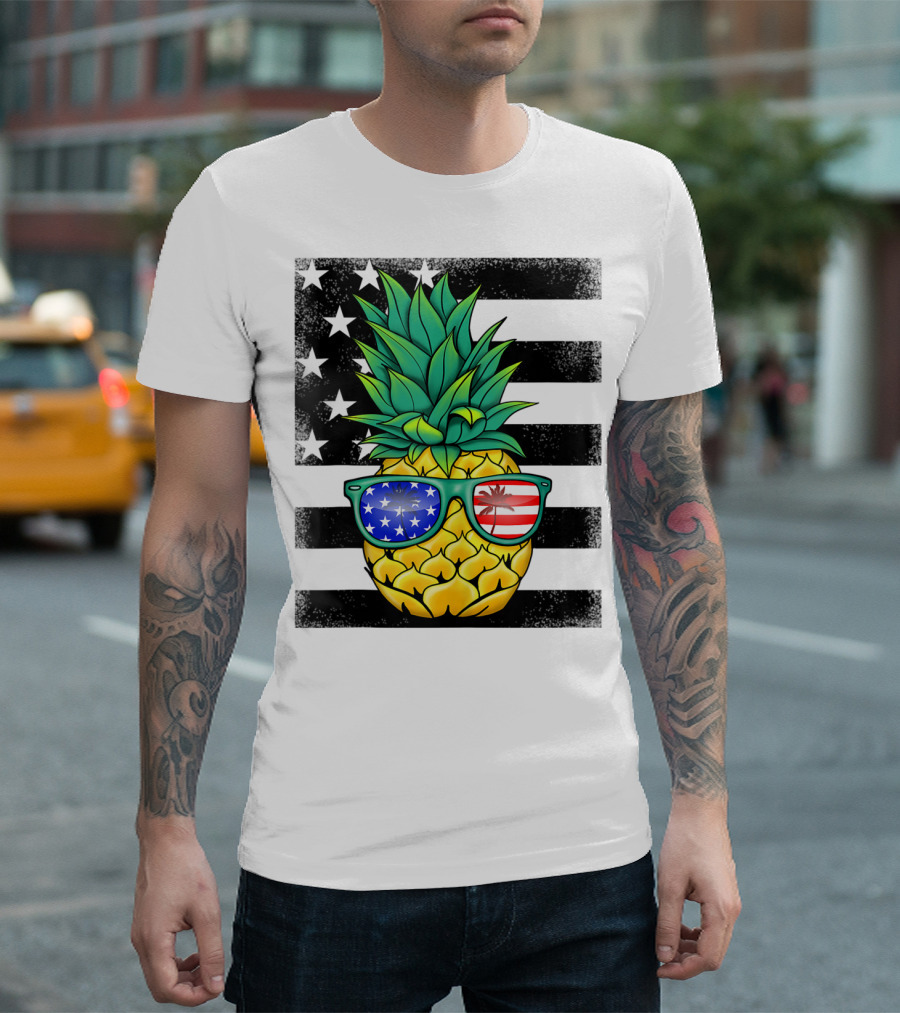 Hawaiian Pineapple with American Flag Sunglasses on Distressed Stars and Stripes Background T-Shirt