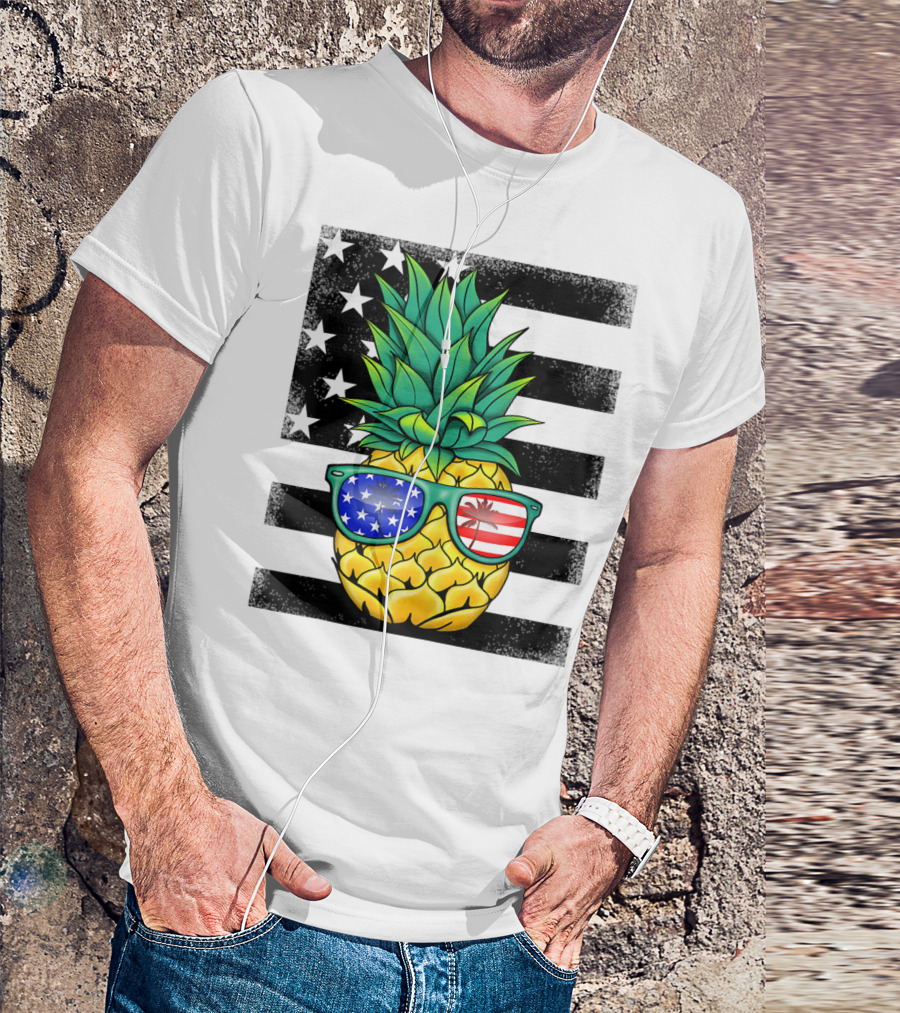 Hawaiian Pineapple With American Flag Sunglasses On Distressed Stars And Stripes Background T-Shirt