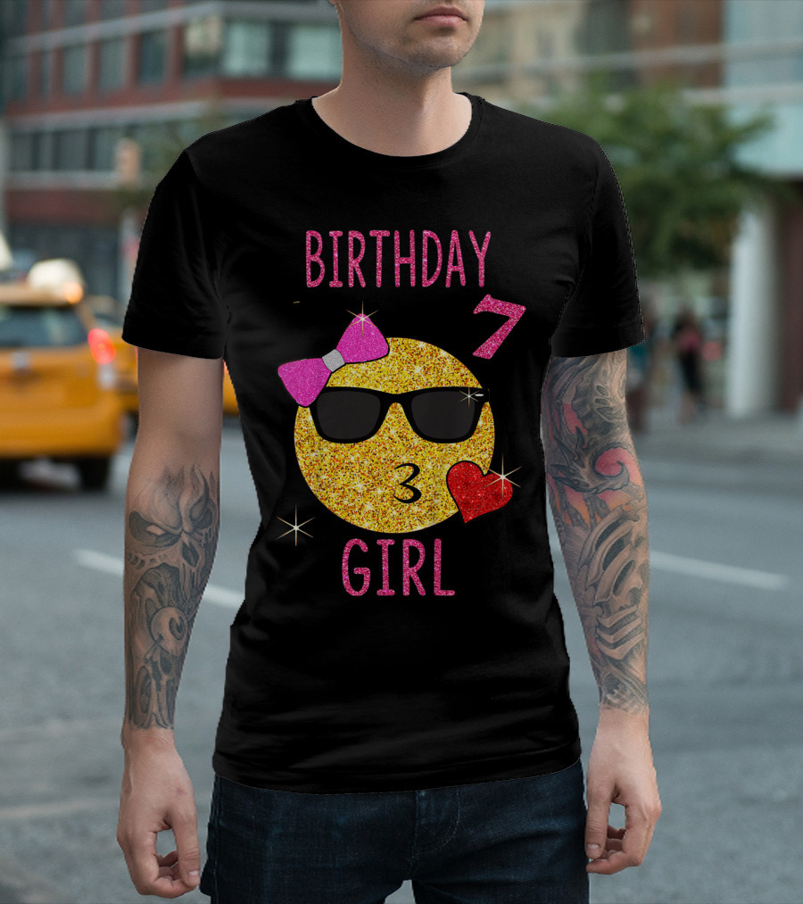 Birthday 7 Girl 7 Years Old Emoji Wearing Sunglasses Bow Heart T-Shirt