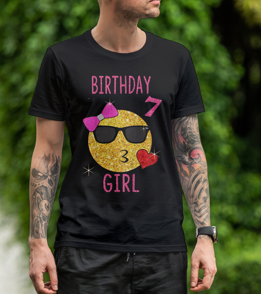 Birthday 7 Girl 7 Years Old Emoji Wearing Sunglasses Bow Heart T-Shirt