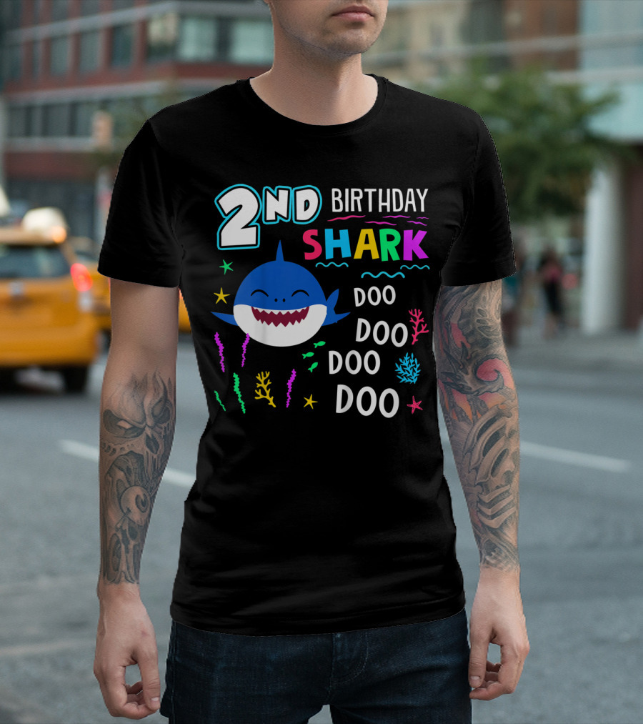 2nd Birthday Shark Doo Doo Doo Kids Happy 2 Years Old T-Shirt