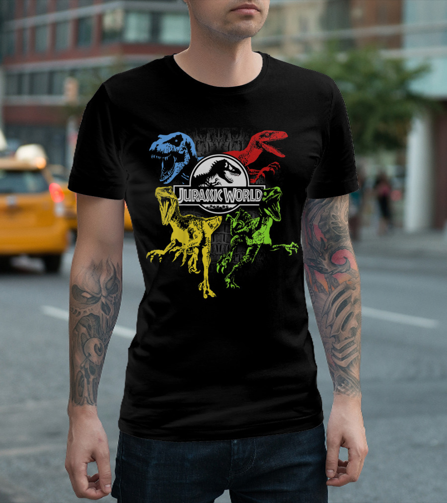 Jurassic World Raptors in Primary Colors Red Blue Yellow Green T-Shirt