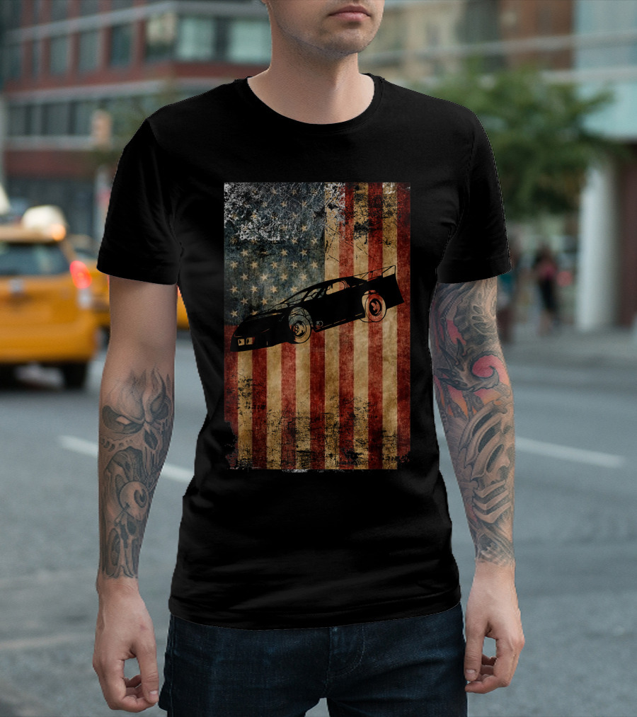 Late Model Dirt Track Racing Distressed American Flag Car T-Shirt