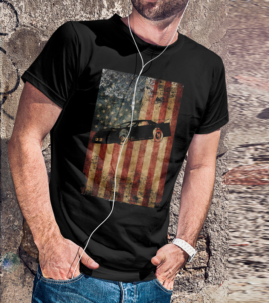 Late Model Dirt Track Racing Distressed American Flag Car T-Shirt