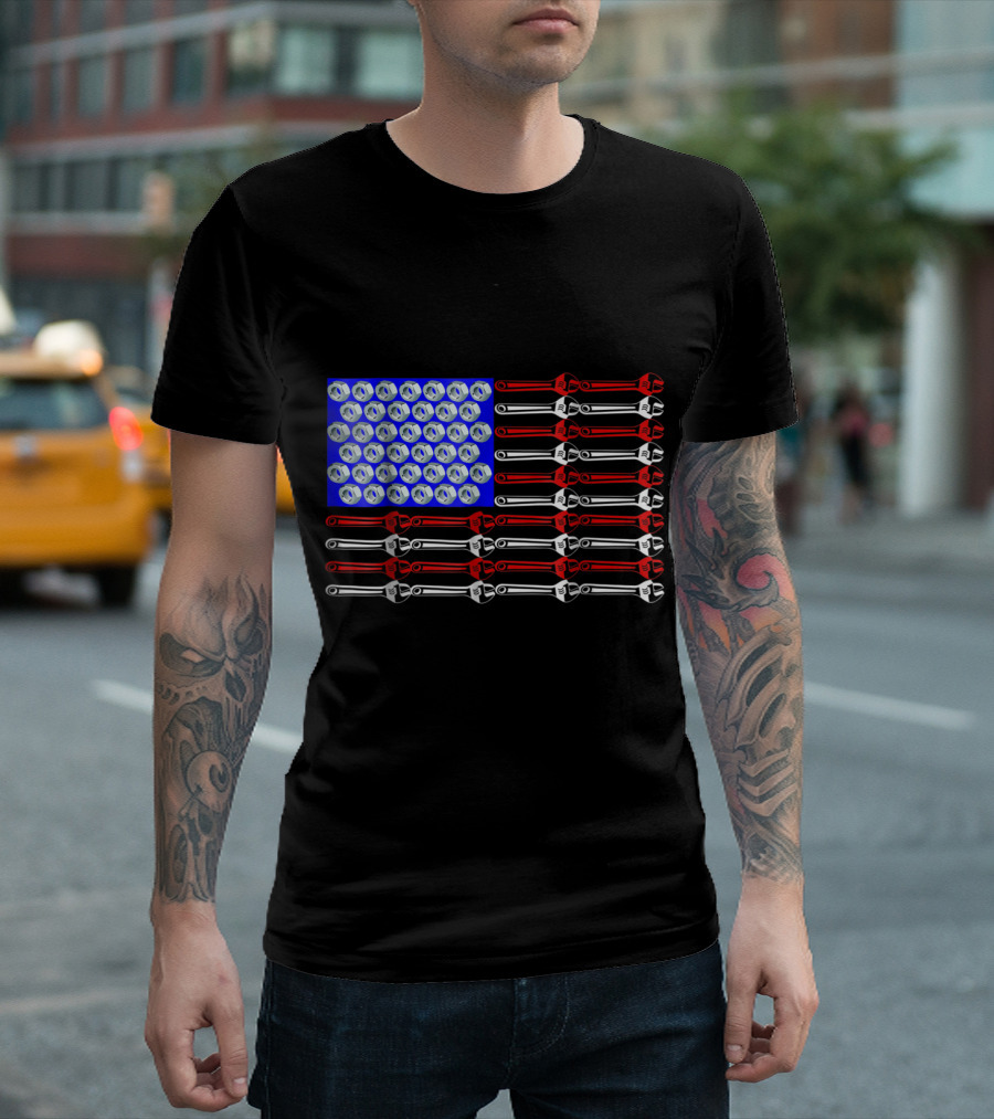 Mechanic Proud American Patriotic USA Flag with Wrenches and Nuts T-Shirt