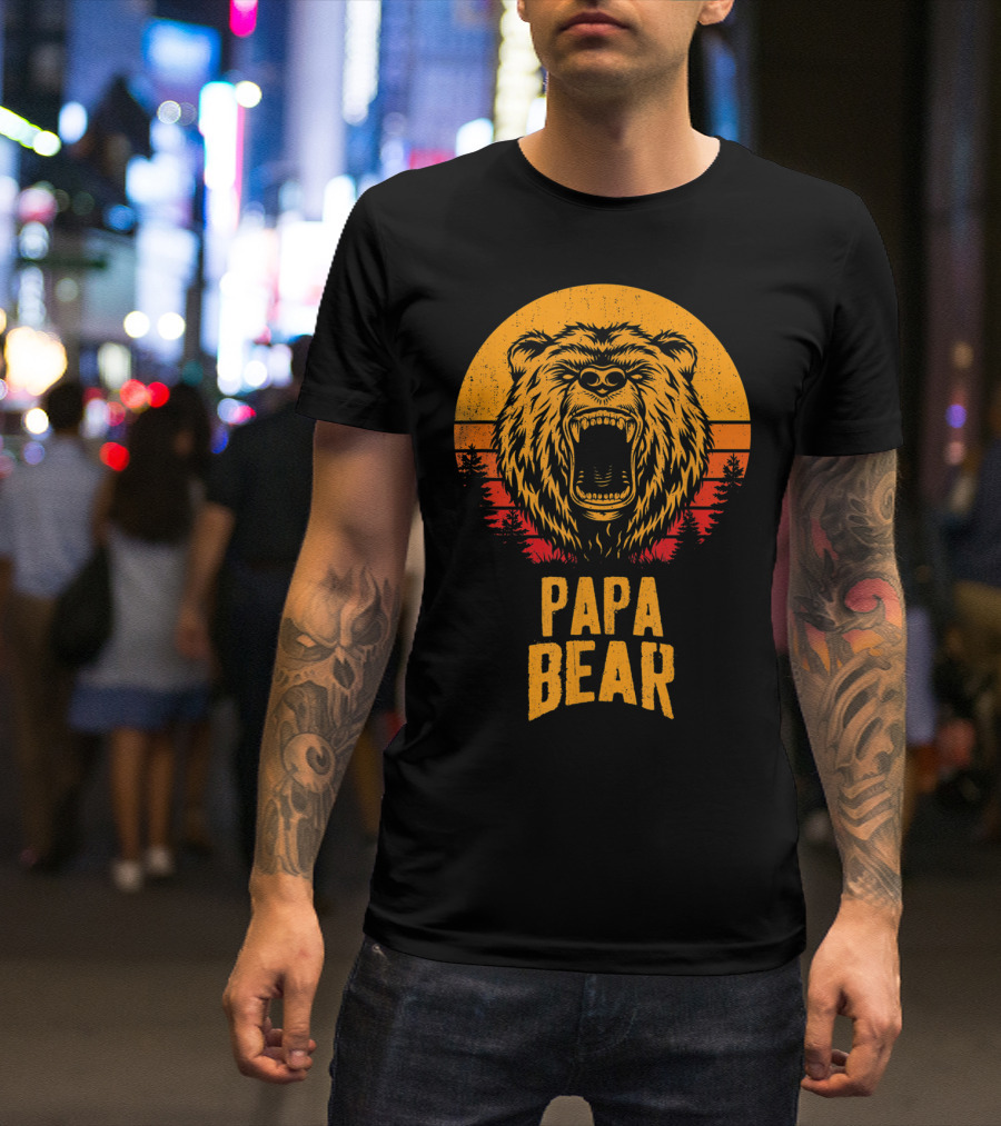 Papa Bear Father's Day Sunset Roaring Bear Forest Scene T-Shirt