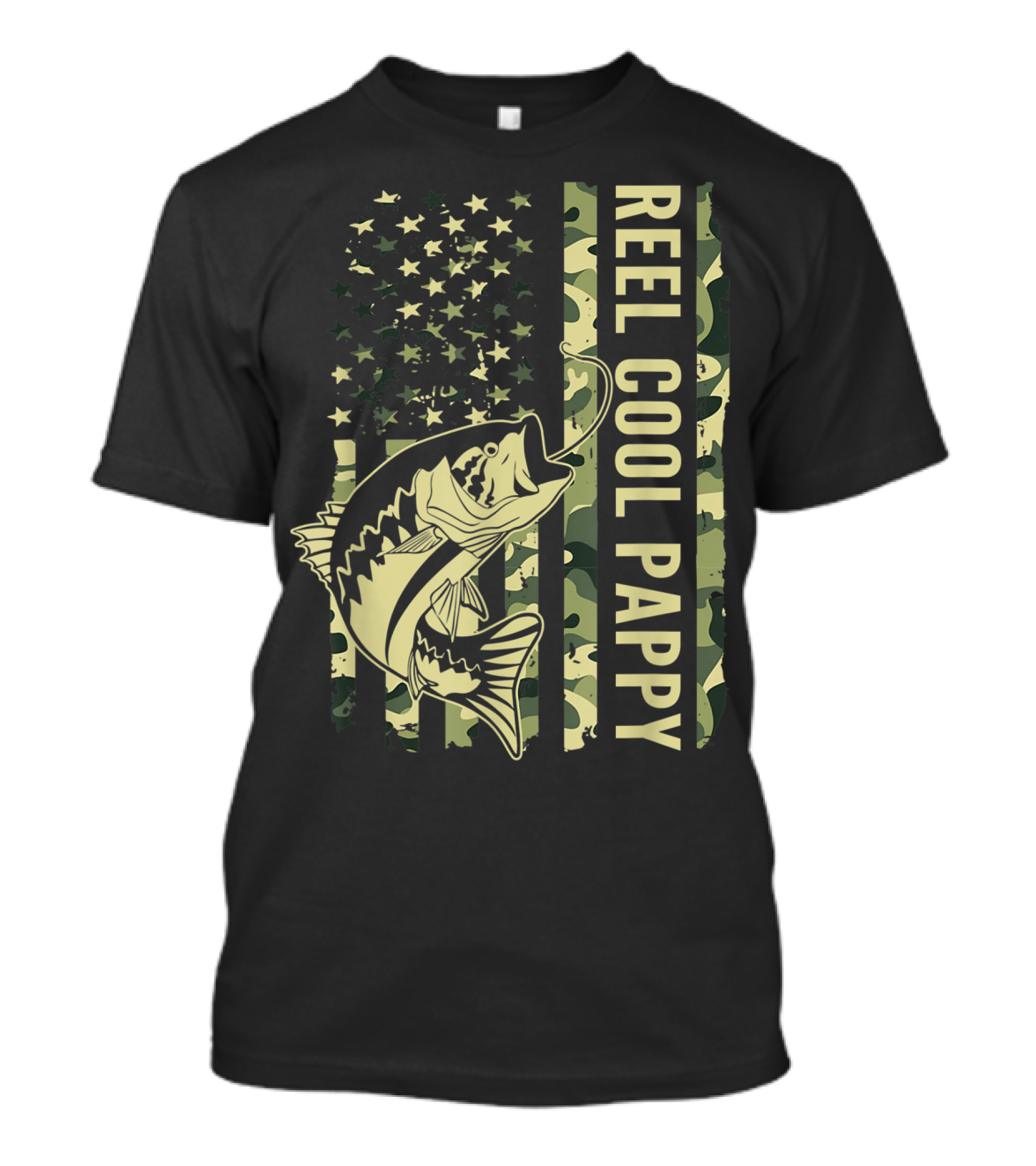 Mens Reel Cool Pappy Camouflage American Flag Fish T-Shirt