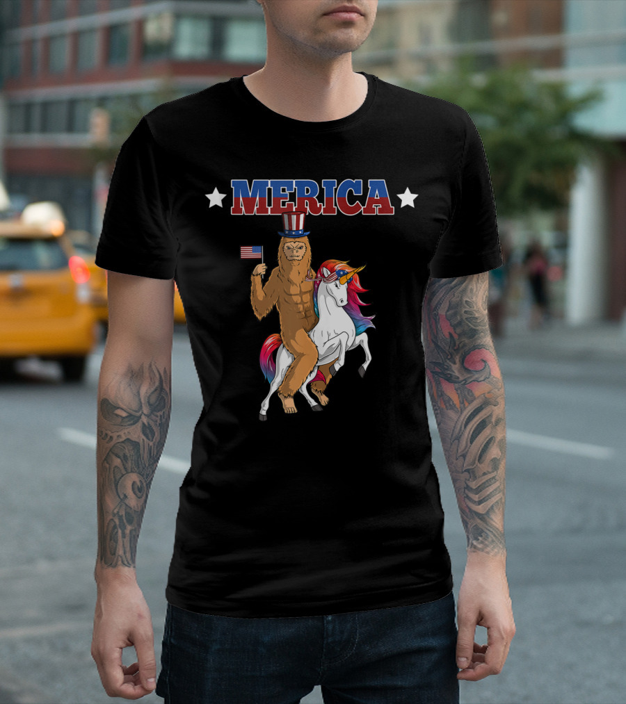 MERICA Bigfoot Riding a Patriotic Unicorn with American Flag T-Shirt
