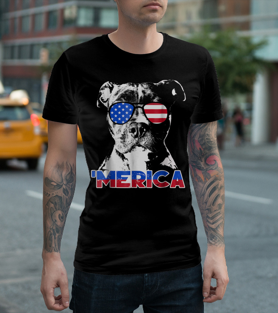 Patriot Pitbull 'Merica with American Flag Sunglasses T-Shirt