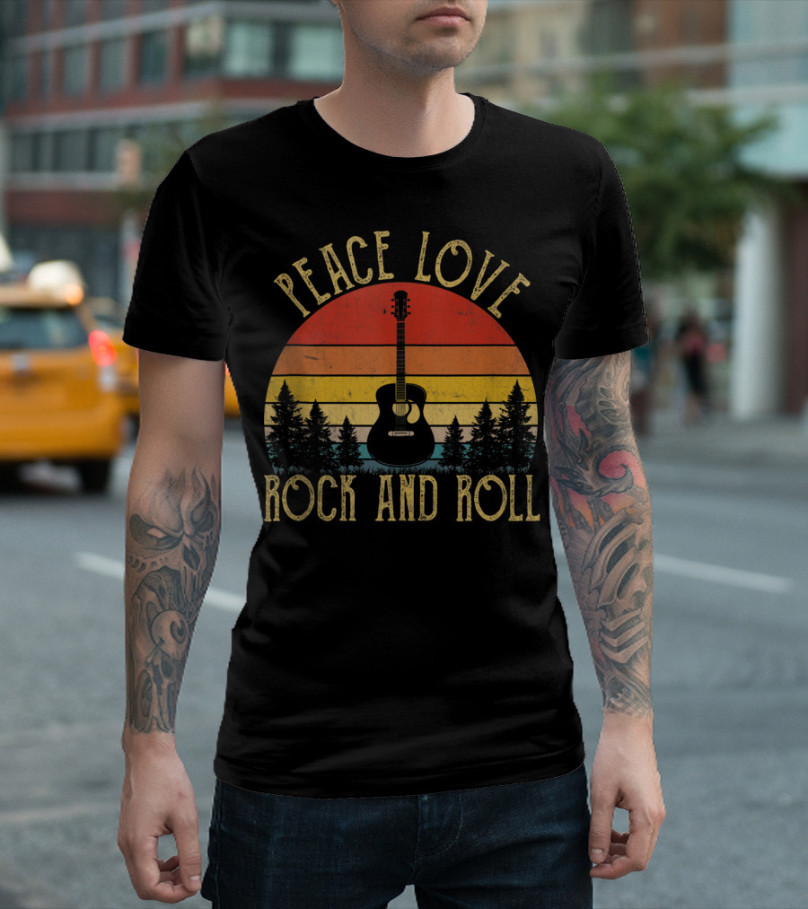 Peace Love Rock And Roll Retro Guitar Sunset Forest Vintage T-Shirt