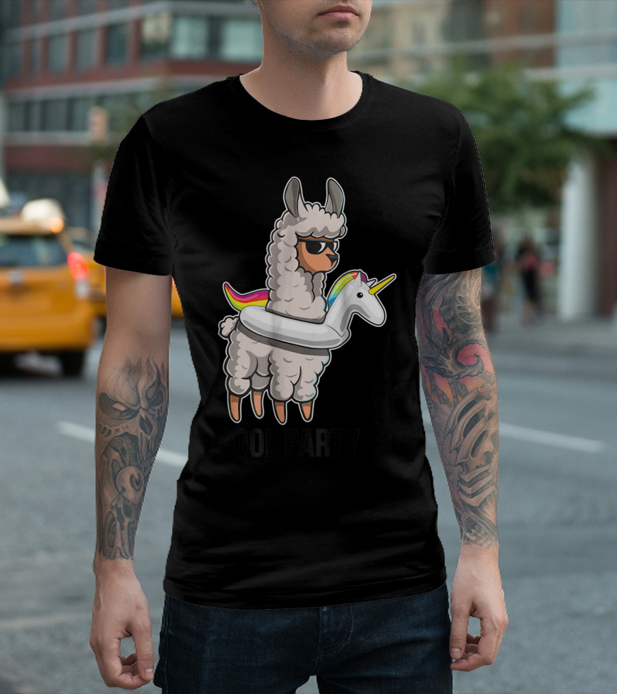 Pool Party Llama with Unicorn Float Funny Llama T-Shirt
