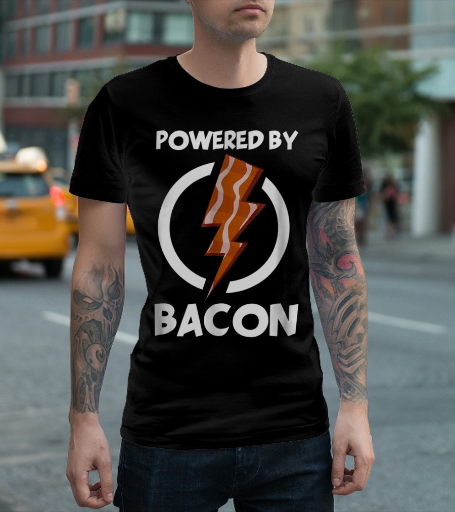 Powered By Bacon Funny Bacon Lovers Lightning Bolt T-Shirt