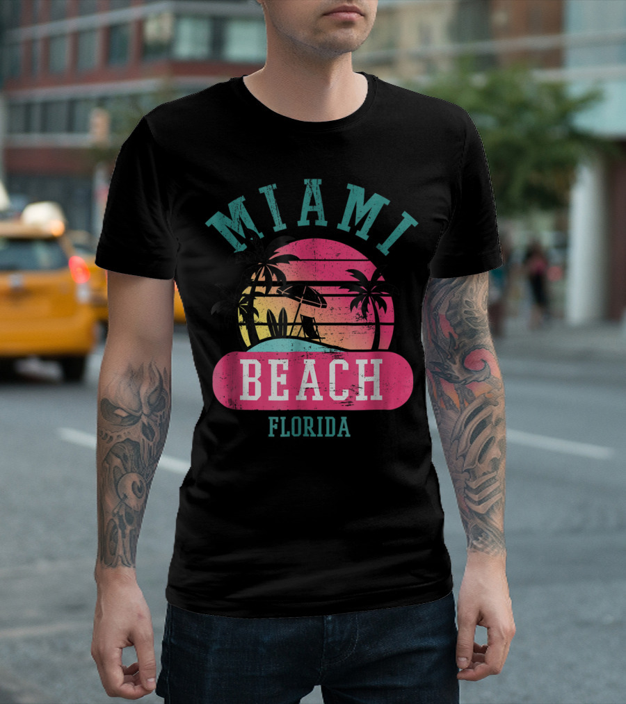Miami Beach Florida Retro Cool Sun and Palm Trees T-Shirt