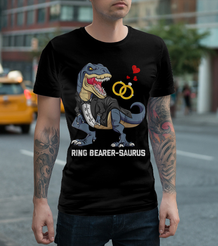 Rex Dinosaur Ring Bearer Saurus in Tuxedo with Wedding Rings and Hearts T-Shirt