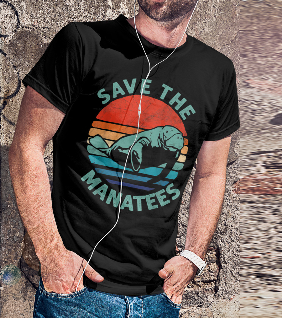 Save The Manatees Retro Stripes Sunset T-Shirt