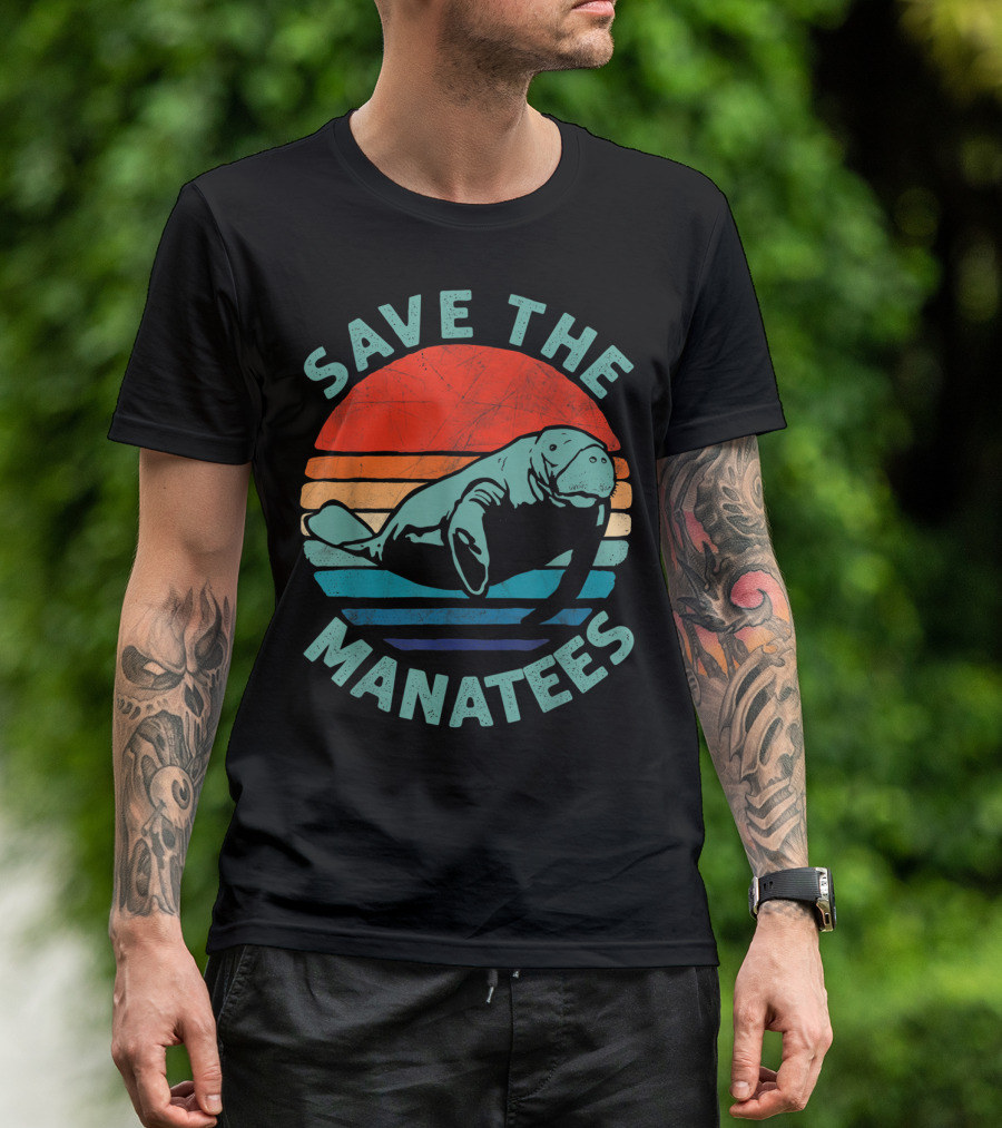 Save The Manatees Retro Stripes Sunset T-Shirt