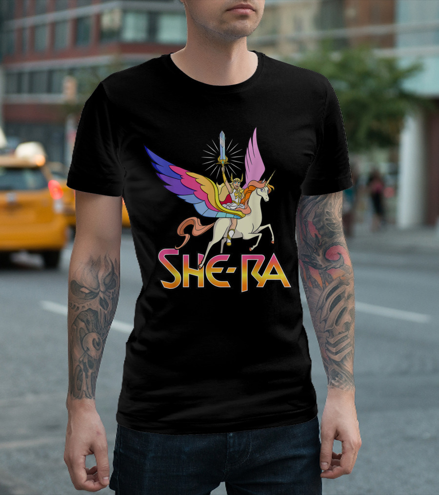 She Ra Riding a Winged Unicorn Holding Sword of Protection T-Shirt