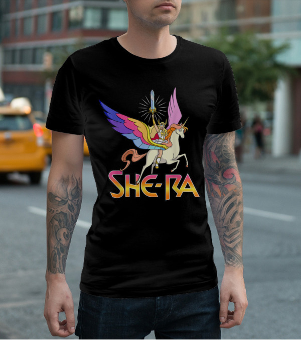 She Ra Riding A Winged Unicorn Holding Sword Of Protection T-Shirt