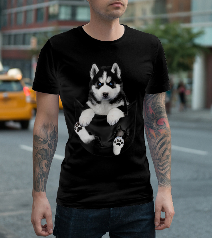 Siberian Husky Puppy Peeking Out of Pocket T-Shirt