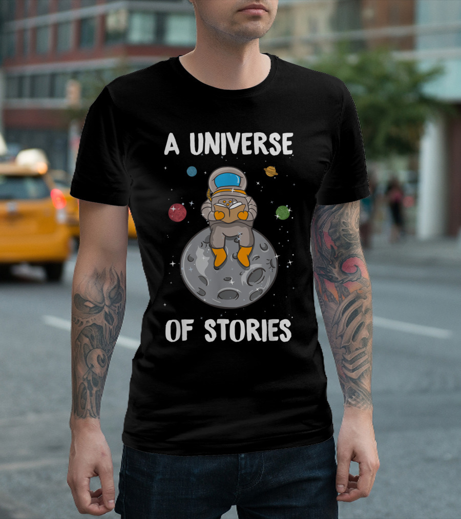 A Universe of Stories Librarian Astronaut Reading on Moon Summer Reading T-Shirt
