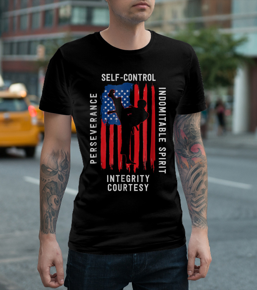 Taekwondo USA Flag Perseverance Courtesy Integrity Self-Control Indomitable Spirit T-Shirt