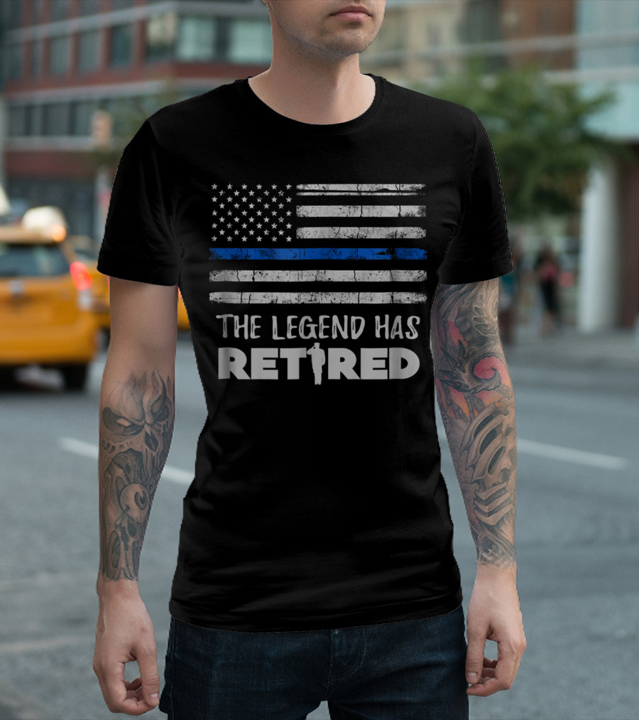 The Legend Has Retired Police Officer Thin Blue Line American Flag T-Shirt