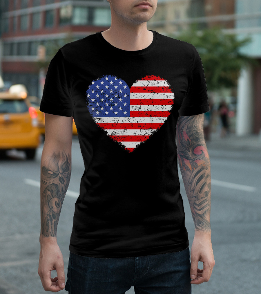 USA Flag Heart Red White Blue 4th July Stars Stripes T-Shirt