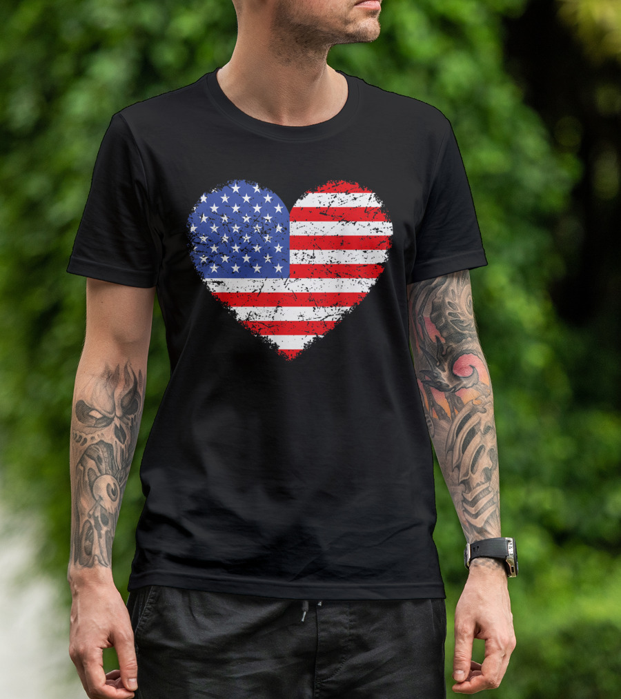USA Flag Heart Red White Blue 4th July Stars Stripes T-Shirt
