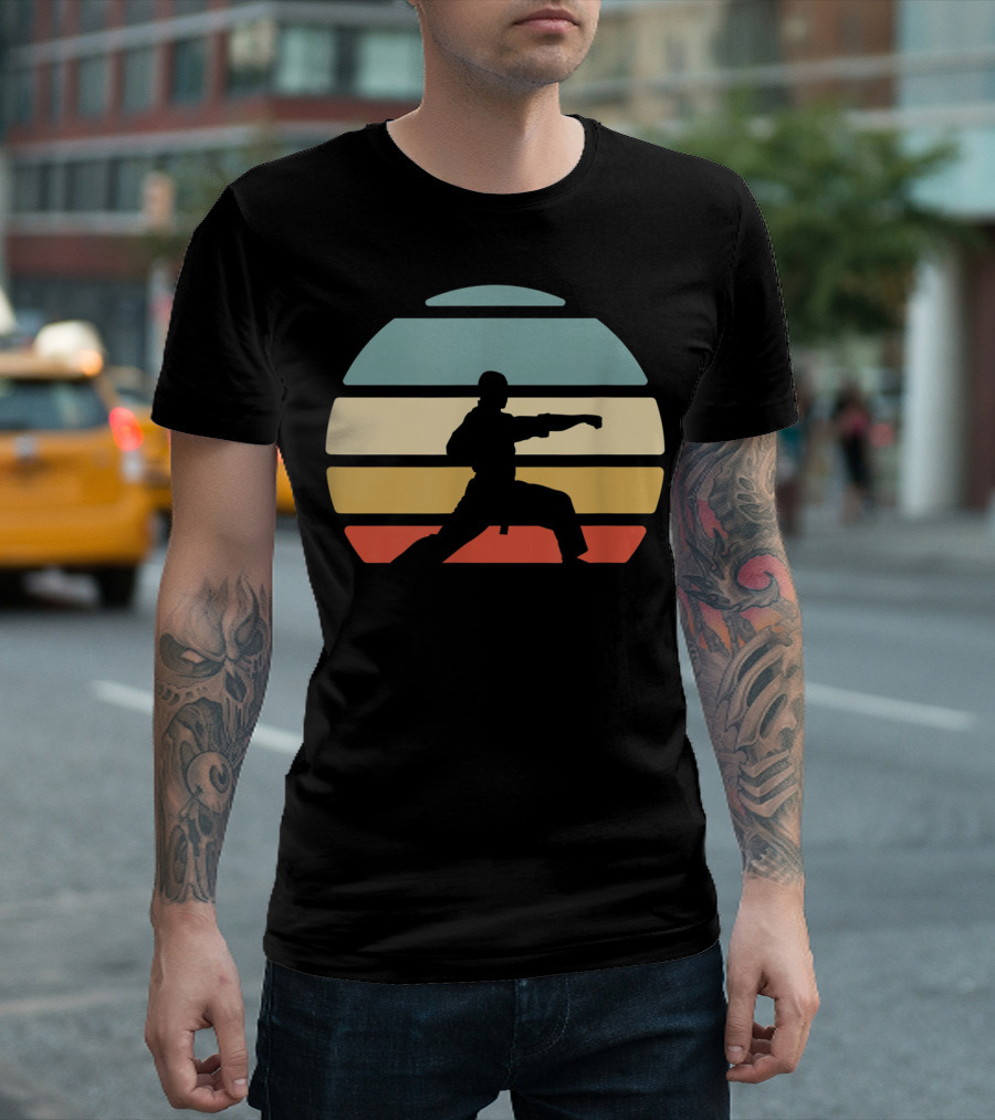 Karate Martial Arts Silhouette Retro Sunset Stripes T-Shirt